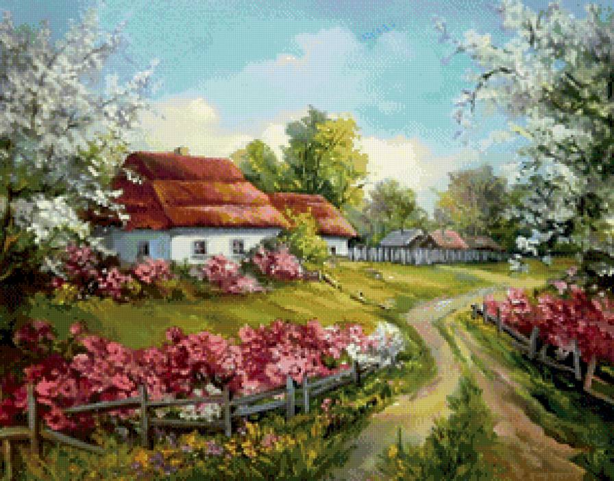 сельский пейзаж - село, деревня, пейзаж, цвет, весна, природа, живопись - предпросмотр
