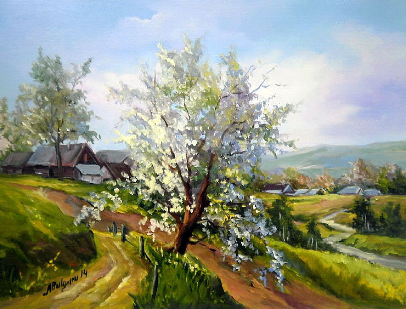 цветущая вишня - деревня, весна, живопись, вишня, цвет, пейзаж, природа, село - оригинал