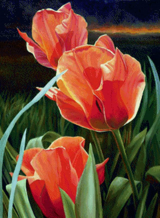 красные тюльпаны - весна, рисунок, тюльпаны, букет, цветы - предпросмотр