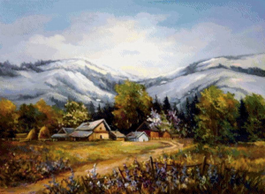 домик в горах - пейзаж, домик, природа, горы, живопись - предпросмотр