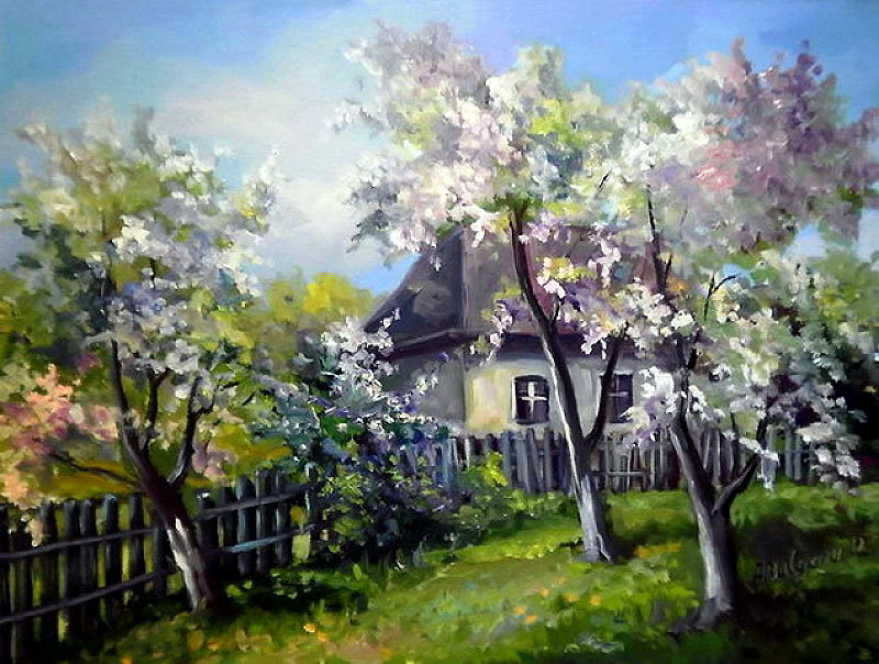 весна в деревне - деревня, абрикос, вишня, весна, живопись, село, цвет, природа - оригинал