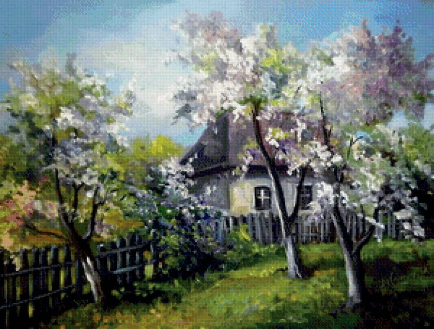 весна в деревне - цвет, вишня, живопись, деревня, весна, село, абрикос, природа - предпросмотр