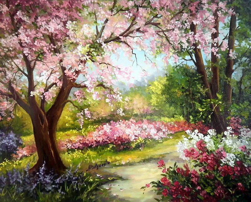абрикосовый сад - цвет, сад, абрикосы, природа, живопись, весна, цветы - оригинал