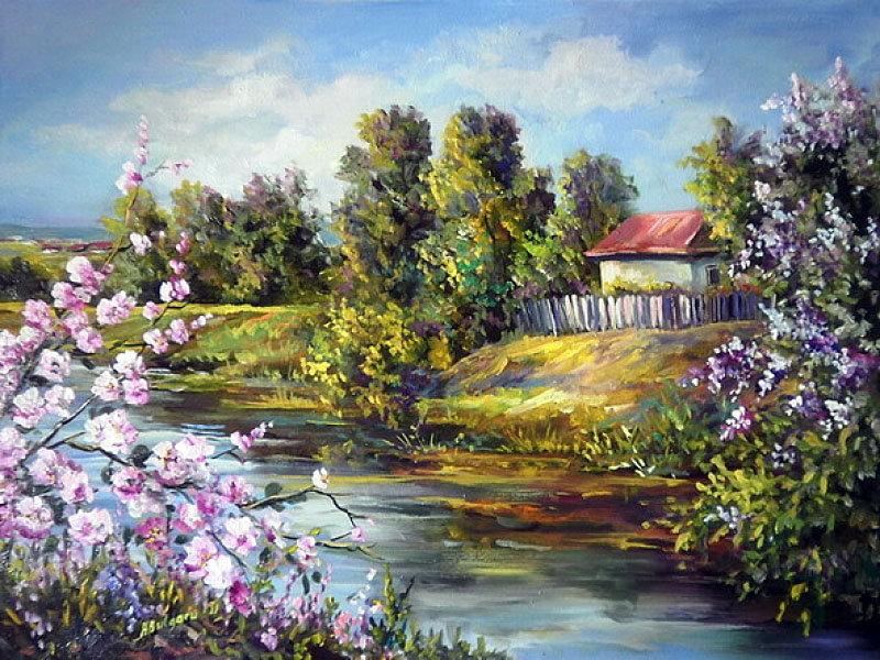река в деревне - весна, природа, деревня, цвет, село, пейзаж, река - оригинал