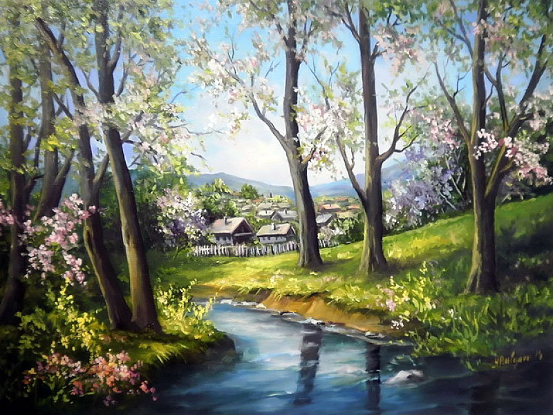 река весной - пейзаж, река, природа, весна, живопись, деревня, село - оригинал