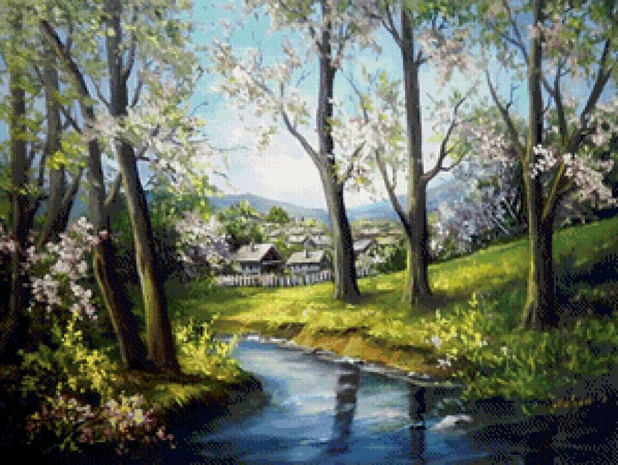 река весной - село, природа, пейзаж, река, весна, деревня, живопись - предпросмотр