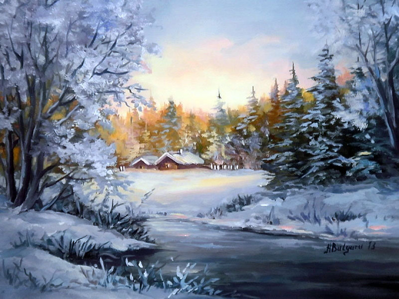 зимний пейзаж - река, зима, лед, природа, живопись, снег, лес, пейзаж, домики - оригинал