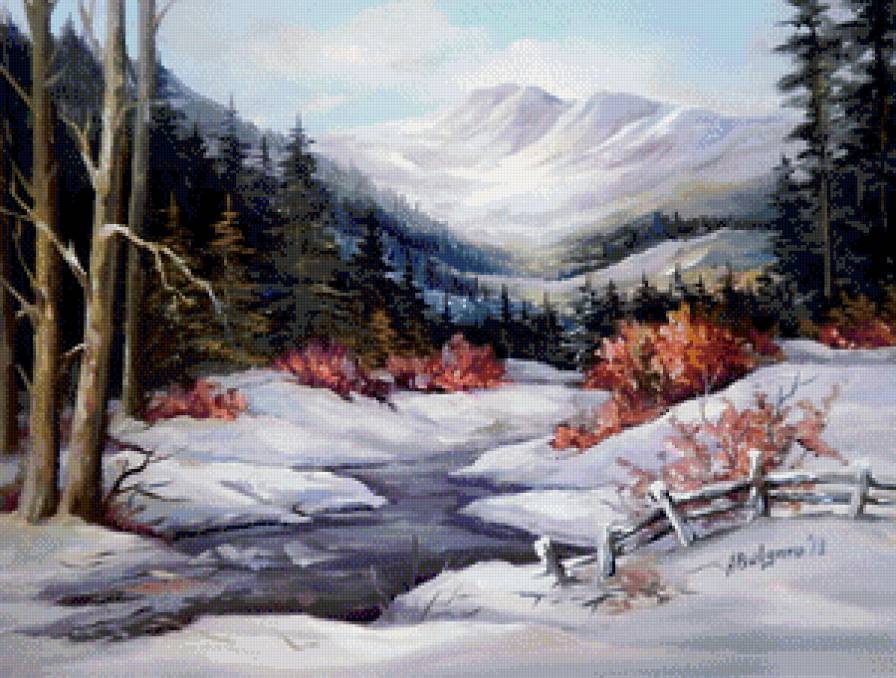 зима в горах - река, пейзаж, снег, живопись, лес, зима, горы, природа - предпросмотр