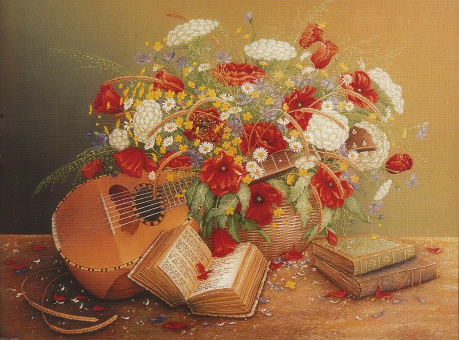 Натюрморт - цветы, книги, музыкальные инструменты - оригинал
