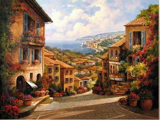 Узкая улочка - живопись, улица - оригинал