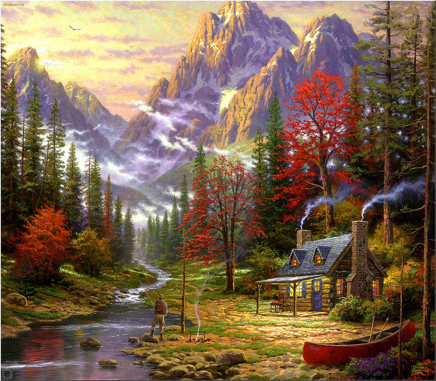 Томас Кинкейд, пейзаж - природа, пейзаж, лодка, горы - оригинал