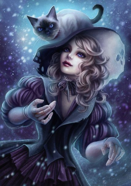 девушка с кошкой - кот, кошка, шляпа, сказка, девушка, арт, детское - оригинал