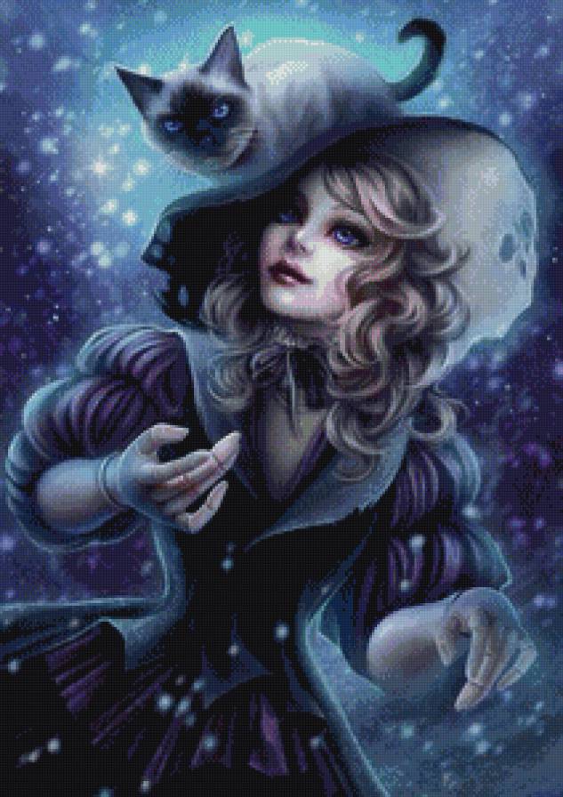 девушка с кошкой - сказка, девушка, кот, детское, шляпа, арт, кошка - предпросмотр