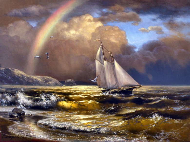 парусник - паруса, радуга, закат, чайки, море, океан, парусник - оригинал