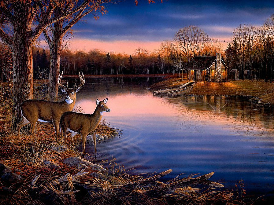 Водопой - пейзаж, вышивка - оригинал