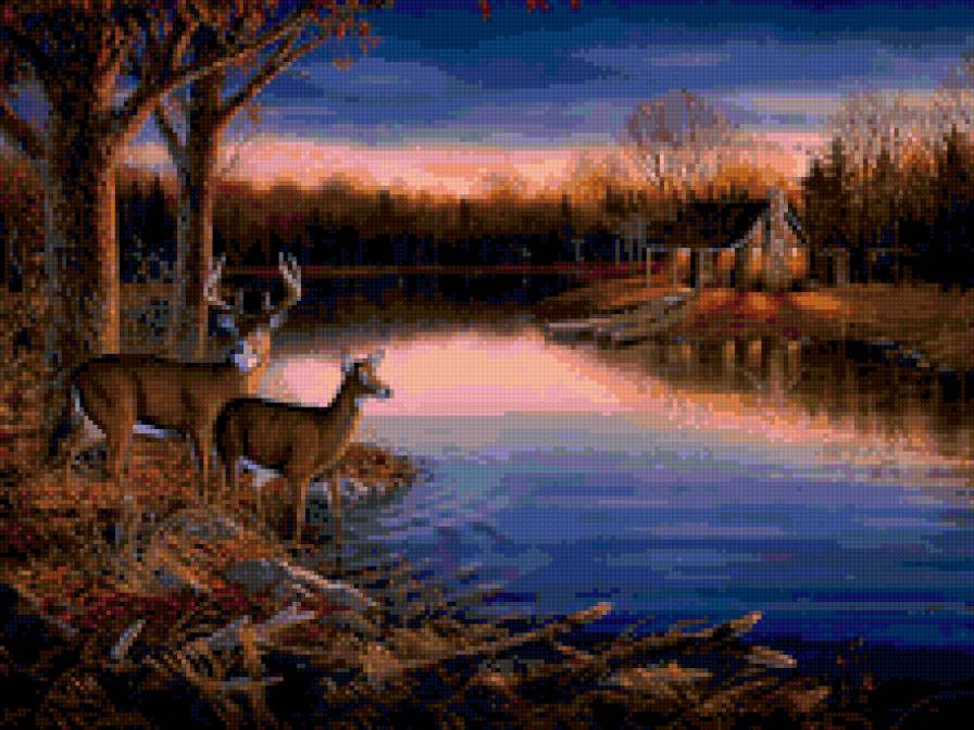 Водопой - пейзаж, вышивка - предпросмотр