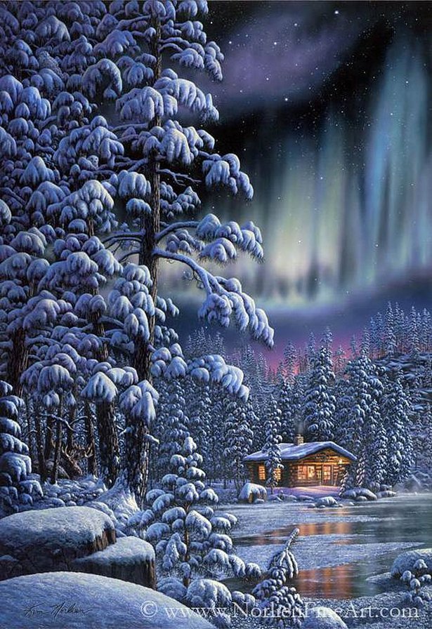 Северное сияние - зима, лес - оригинал