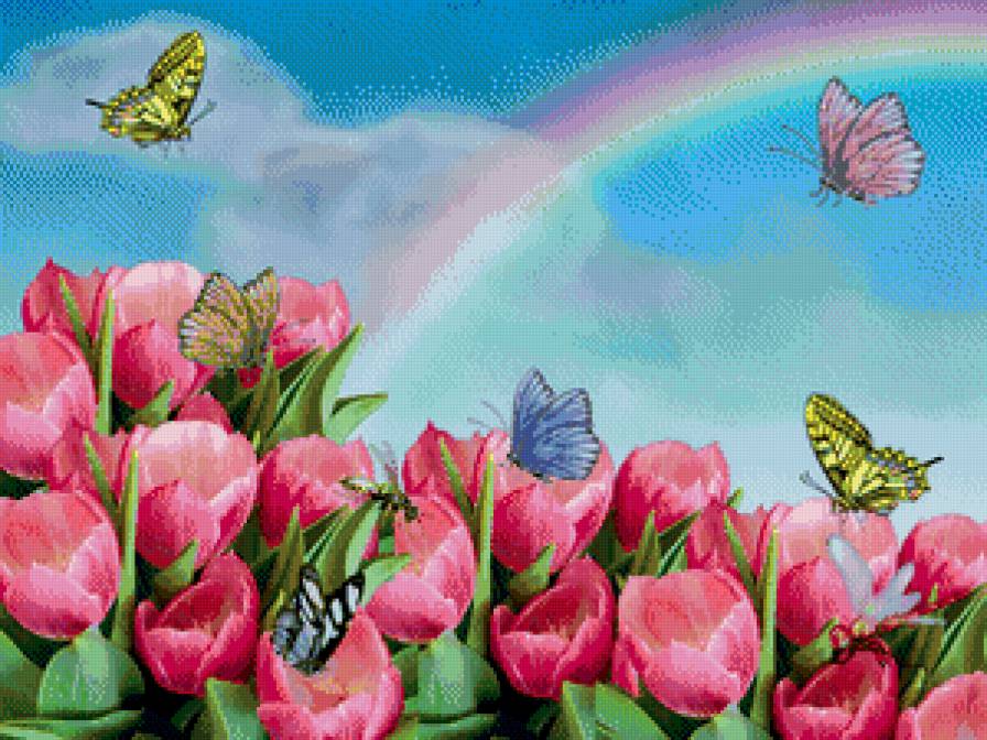 весеннее настроение - бабочки, цветы, тюльпаны - предпросмотр