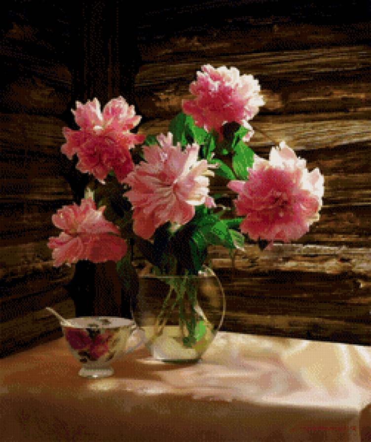 пионы с чашкой - букет, натюрморт - предпросмотр