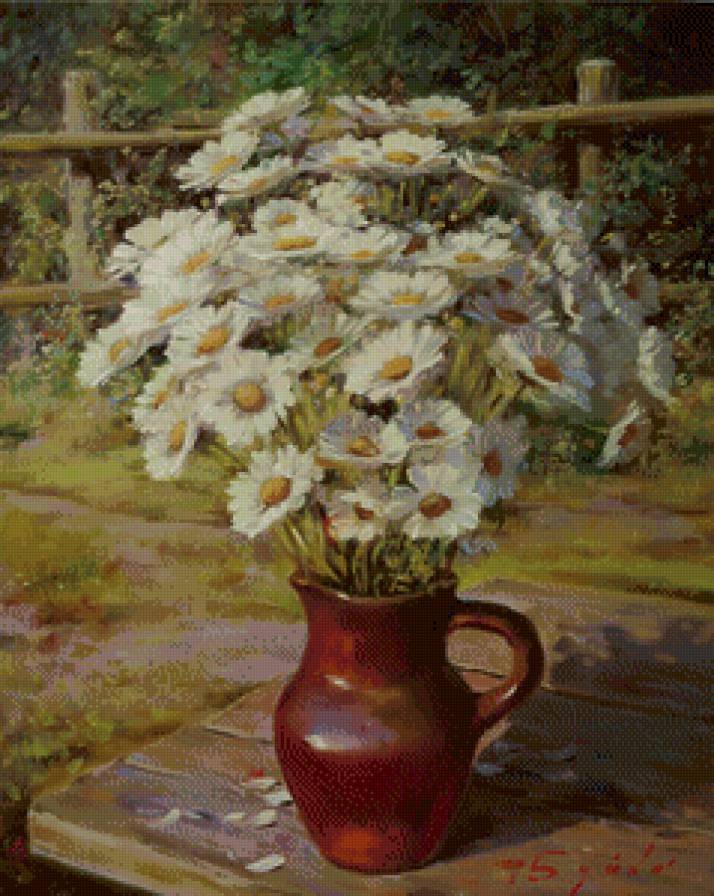 ромашки в вазе - цветы, природа, букет, лето, живопись, ваза, ромашка - предпросмотр