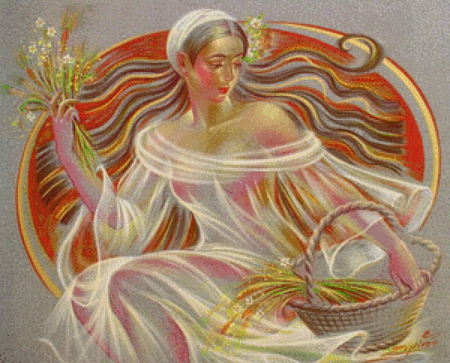 mujer con cesta de flores - предпросмотр