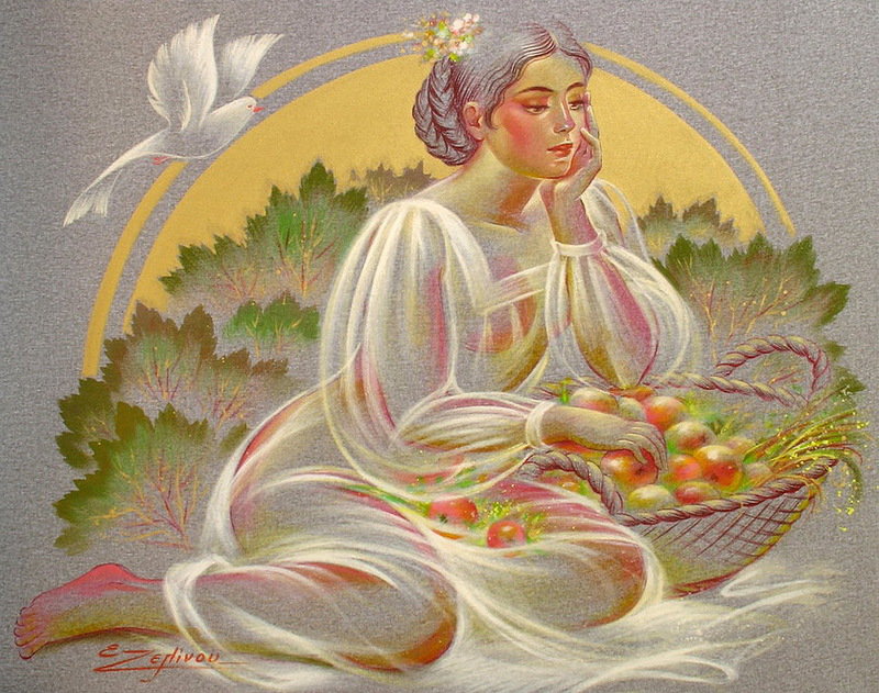 mujer con cesta de manzanas - оригинал