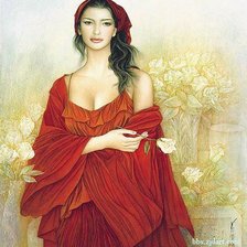 mujer con pañoleta roja