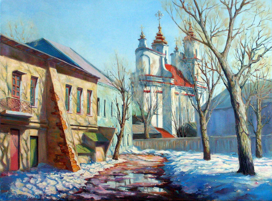 дворик за церковью - церковь, снег, город, храм, живопись, пейзаж, дворик, зима - оригинал