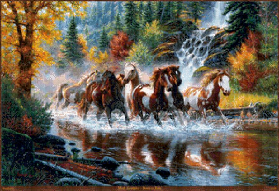 табун лошадей - водопад, природа, животные, лошади, табун, пейзаж - предпросмотр