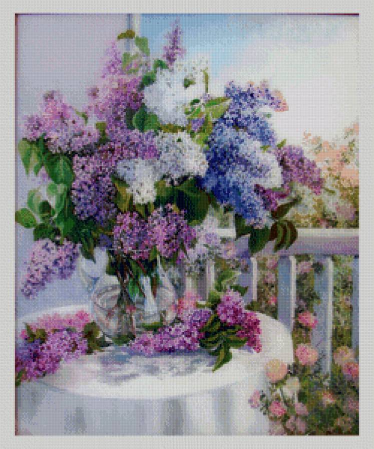 сирень на террасе - сирень, натюрморт, весна, букет, ваза, живопись, нежность - предпросмотр