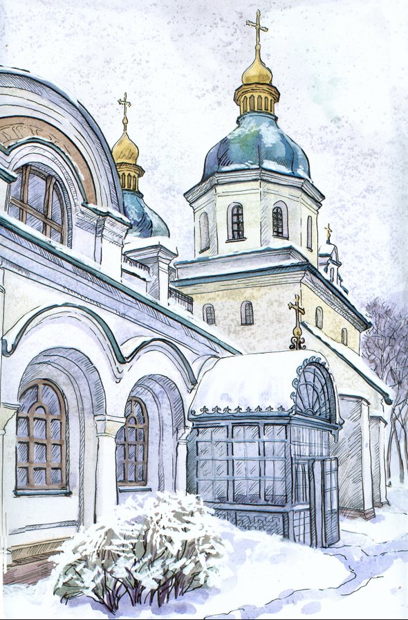 церковь зимой - живопись, церковь, арт, графика, храм, снег, зима - оригинал