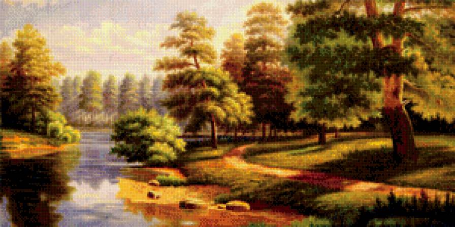 лесной пейзаж - живопись, сосны, природа, лето, пейзаж, лес, озеро - предпросмотр