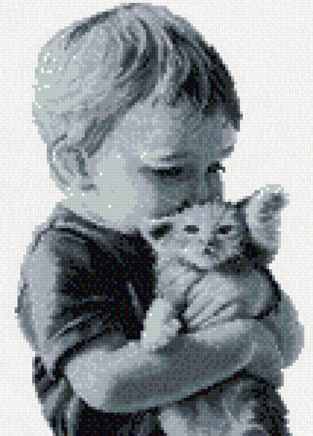 мальчик и котенок - предпросмотр