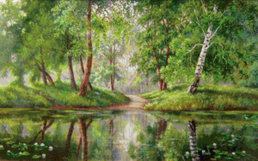 озеро в лесу - лес, озеро, природа, лето, пейзаж, живопись, березы, фото - предпросмотр