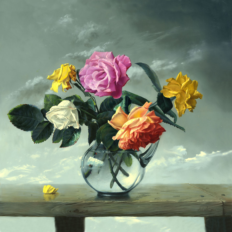 розы в вазе - натюрморт, букет, роза, ваза, живопись, цветы - оригинал