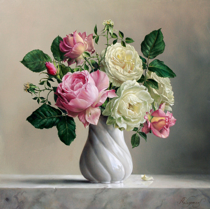 розы в белой вазе - ваза, натюрморт, живопись, роза, букет, цветы - оригинал