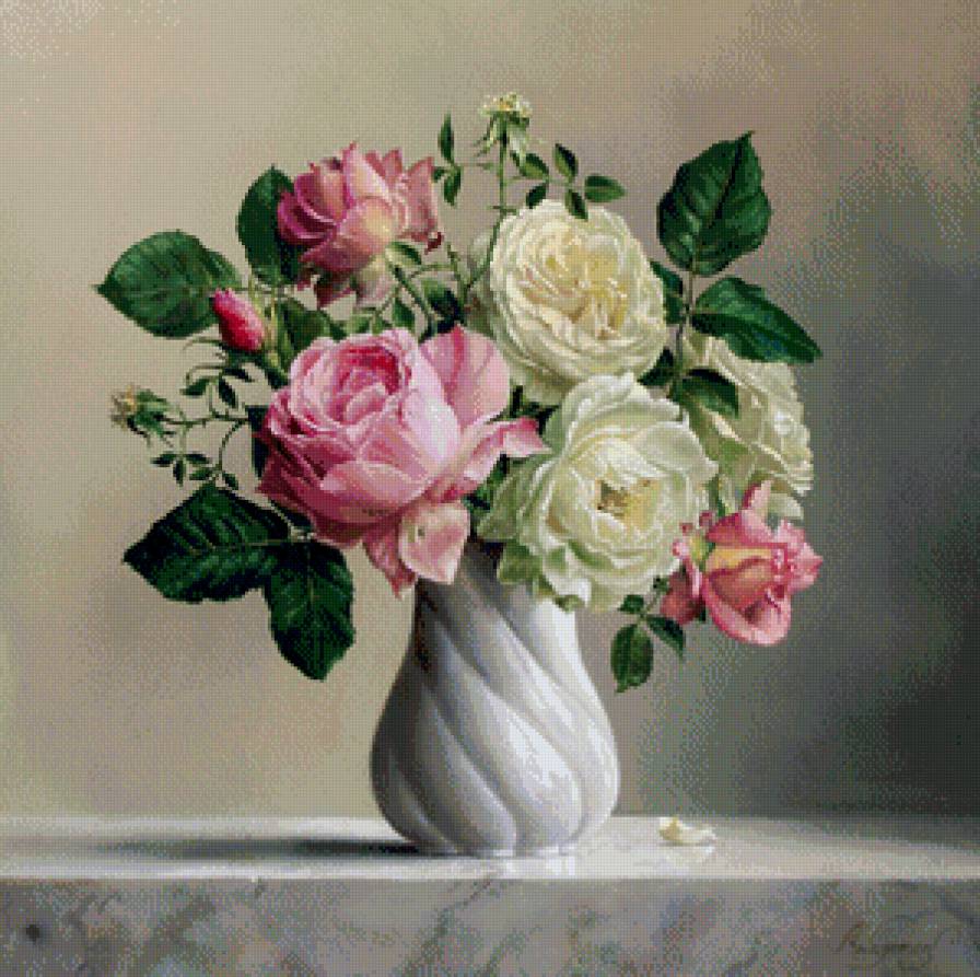розы в белой вазе - живопись, натюрморт, цветы, роза, ваза, букет - предпросмотр