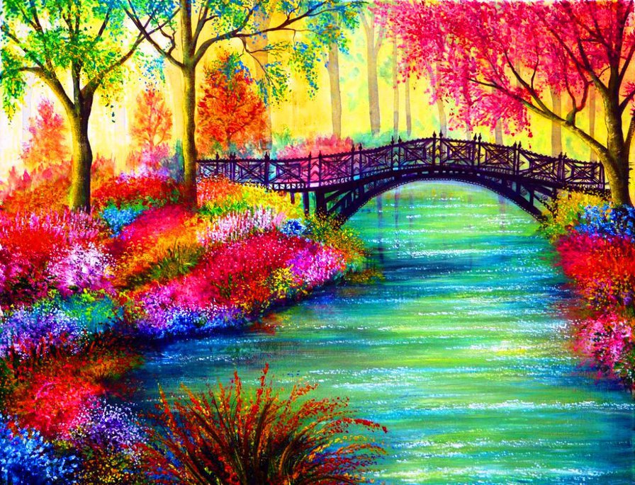 Яркая осень - цвета, река, красота, парк, осень, мост - оригинал