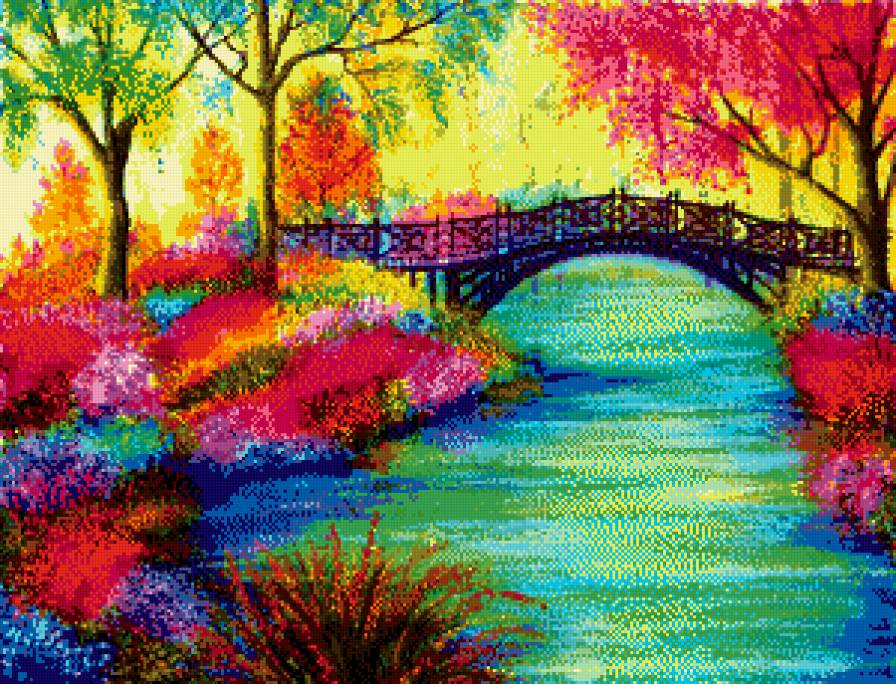 Яркая осень - осень, мост, цвета, река, красота, парк - предпросмотр