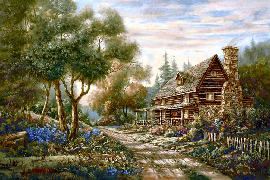 уютный домик - пейзаж, природа, сад, уют, живопись, домик - оригинал