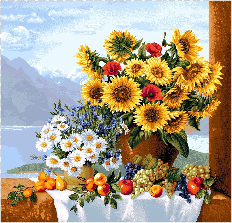 натюрморт с подсолнухами и фруктами - натюрморт, подсолнух, кухня, прованс, виноград, фрукты, еда - оригинал