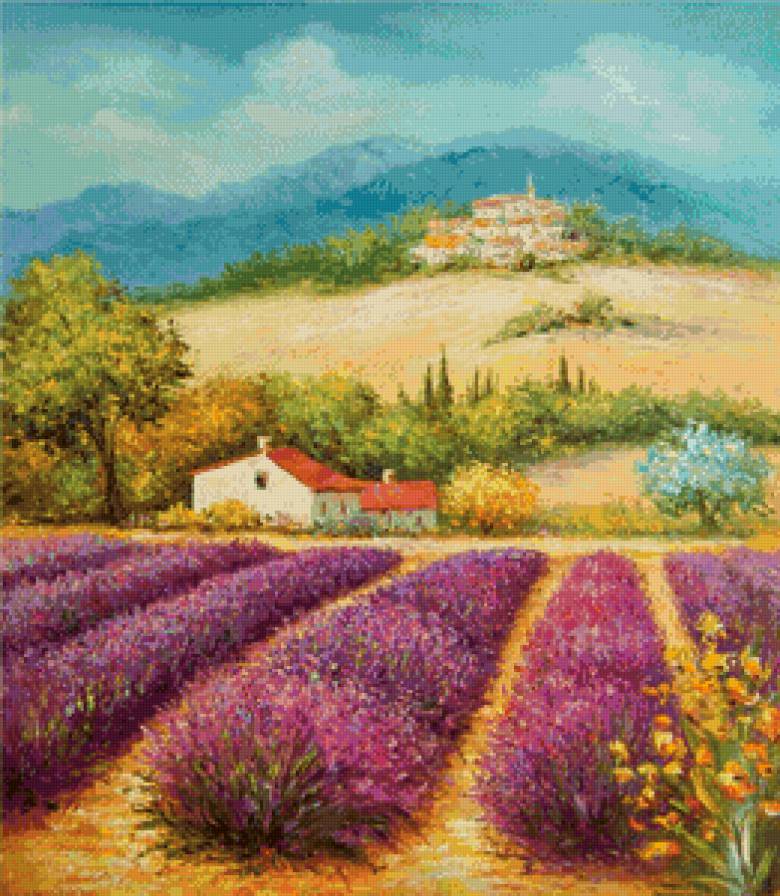 лавандовый пейзаж - лето, живопись, лаванда, природа, прованс, цветы, пейзаж - предпросмотр