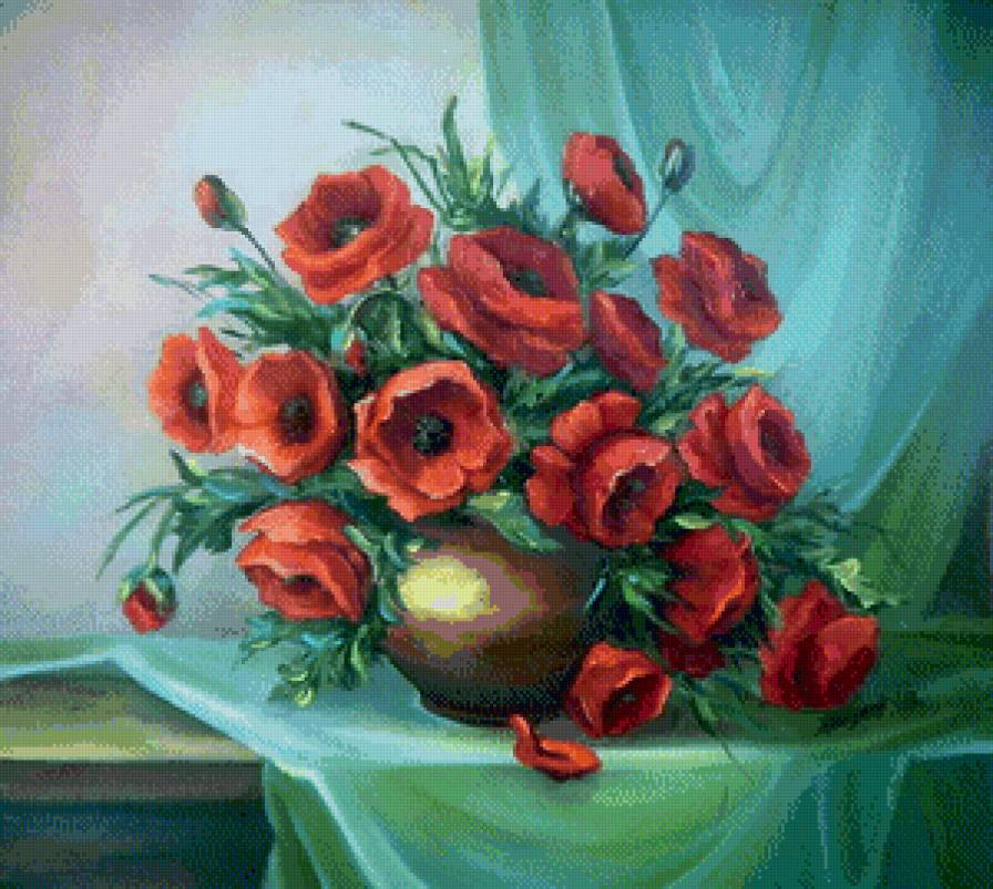 маки в горшке - живопись, горшок, букет, натюрморт, цветы, глина, маки - предпросмотр