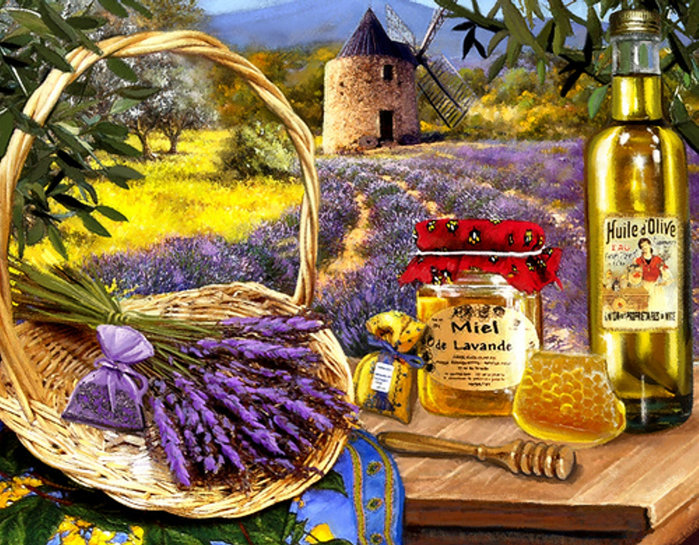 прованский пейзаж - кухня, еда, пейзаж, прованс, масло, лаванда, оливки, мед - оригинал