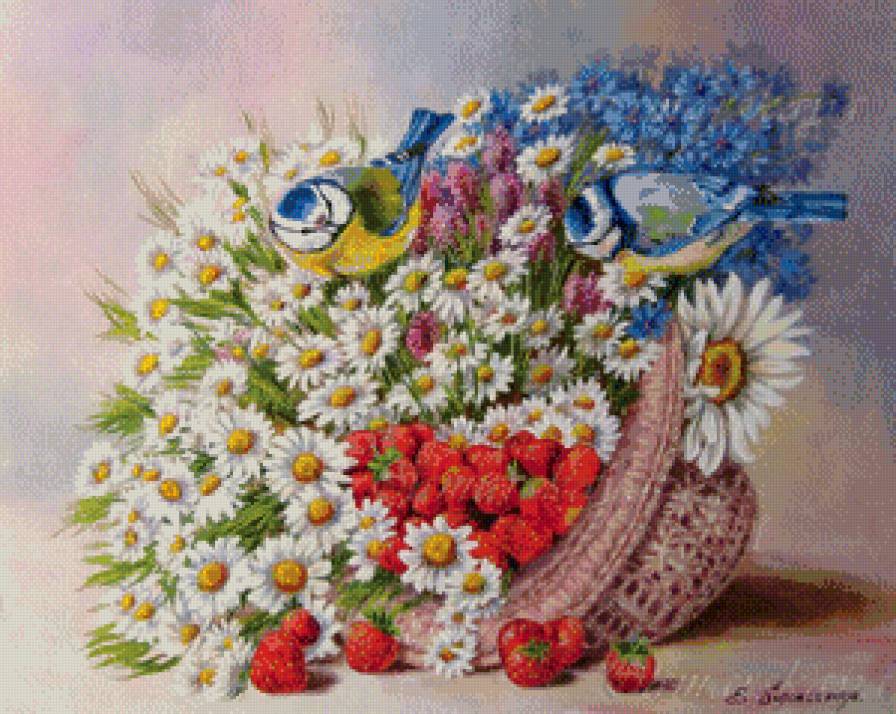 Птички на корзине - птицы, цветы, ягоды - предпросмотр
