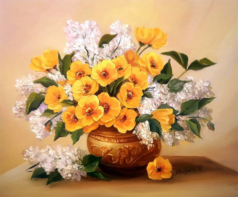 букет белой сирени с тюльпанами в вазе - букет, цветы, ваза, сирень, тюльпаны, натюрморт - оригинал