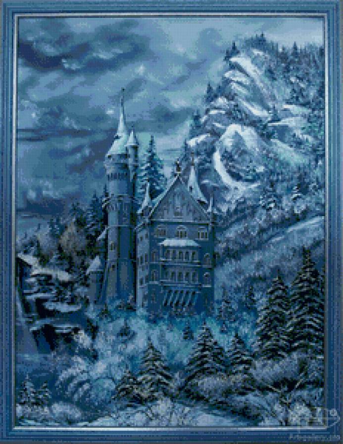 замок в горах - пейзаж, зима, монохром, горы, замок, снег, живопись - предпросмотр