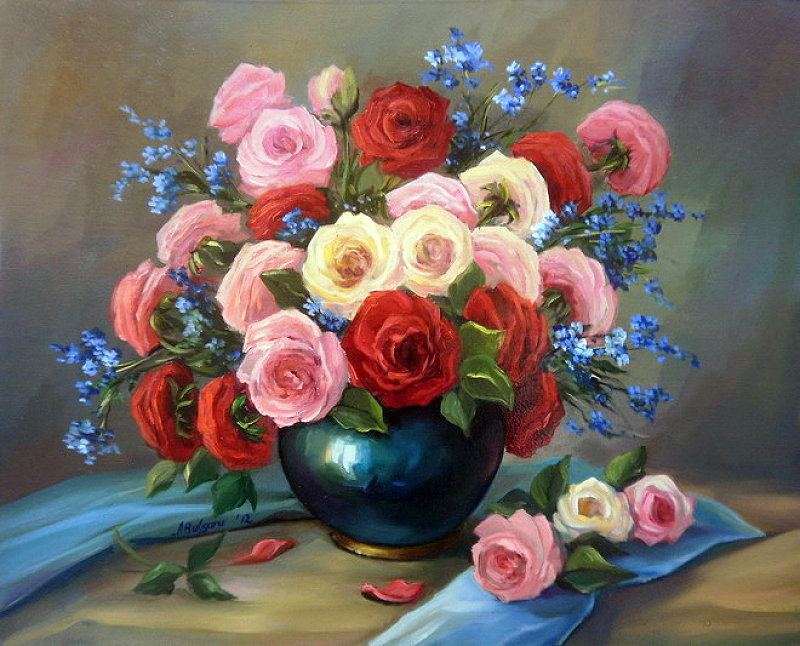 розы и незабудки - розы, натюрморт, цветы, незабудки, ваза, живопись, букет - оригинал