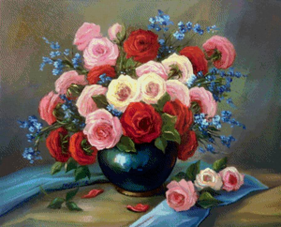 розы и незабудки - незабудки, натюрморт, цветы, живопись, ваза, розы, букет - предпросмотр