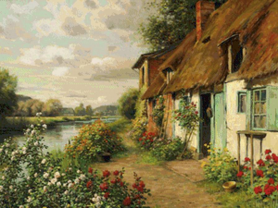 домик у реки - река, природа, пейзаж, живопись, домик, сад, уют - предпросмотр